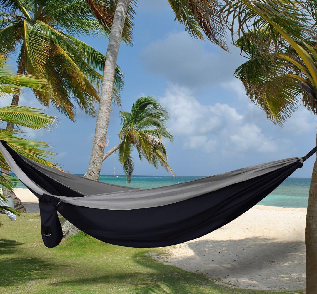 Portable Single Camping Hammock for Outdoor & Indoor Use, Adults & Kids – Black & Grey