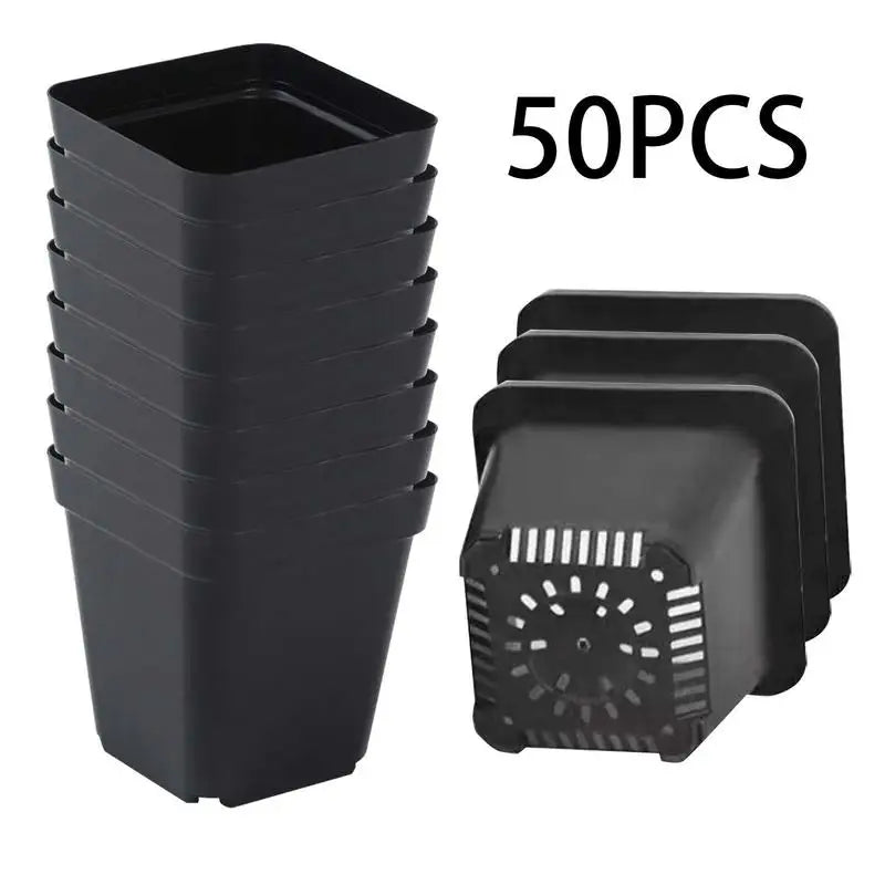 Plastic Seedling Starter Pots – 50 Pack, Square Black Nursery Pots