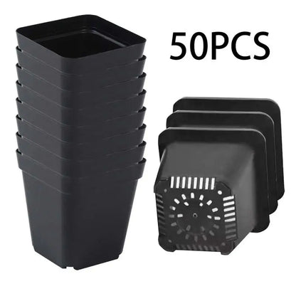 Plastic Seedling Starter Pots – 50 Pack, Square Black Nursery Pots