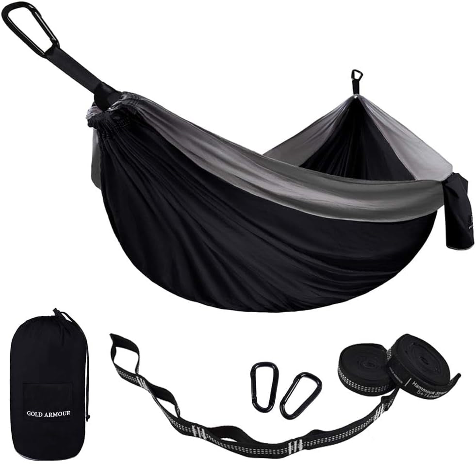 Portable Single Camping Hammock for Outdoor & Indoor Use, Adults & Kids – Black & Grey