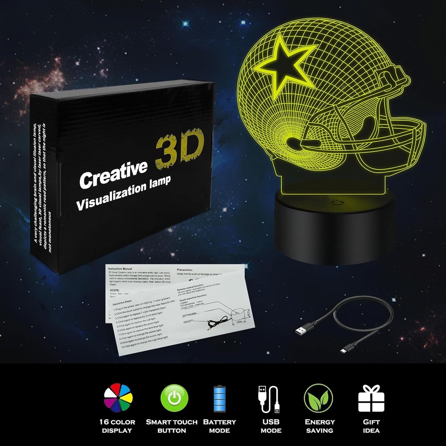 3D Illusion Baseball Helmet Night Light – 7-Color USB Touch Desk Lamp for Kids