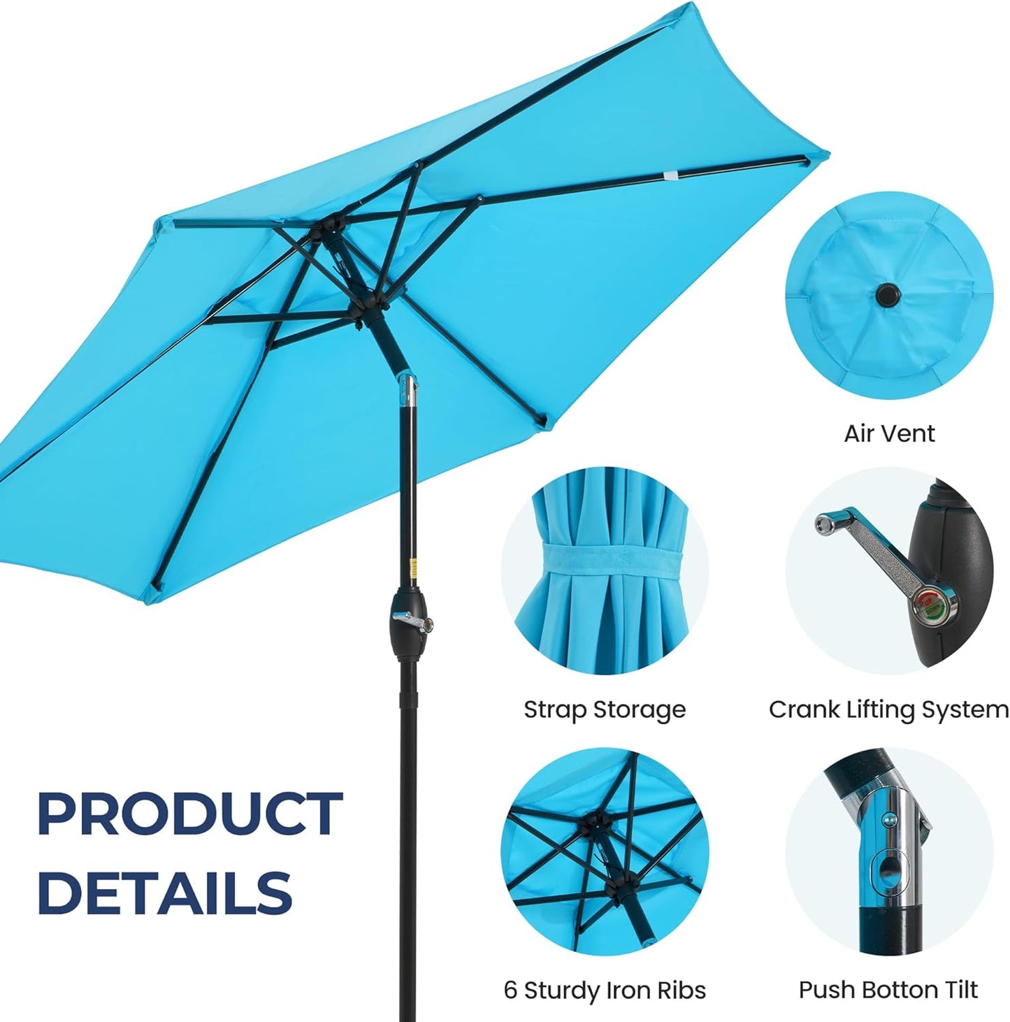 Outdoor Market Umbrella – Crank Lift with Push-Button Tilt, Metal Pole