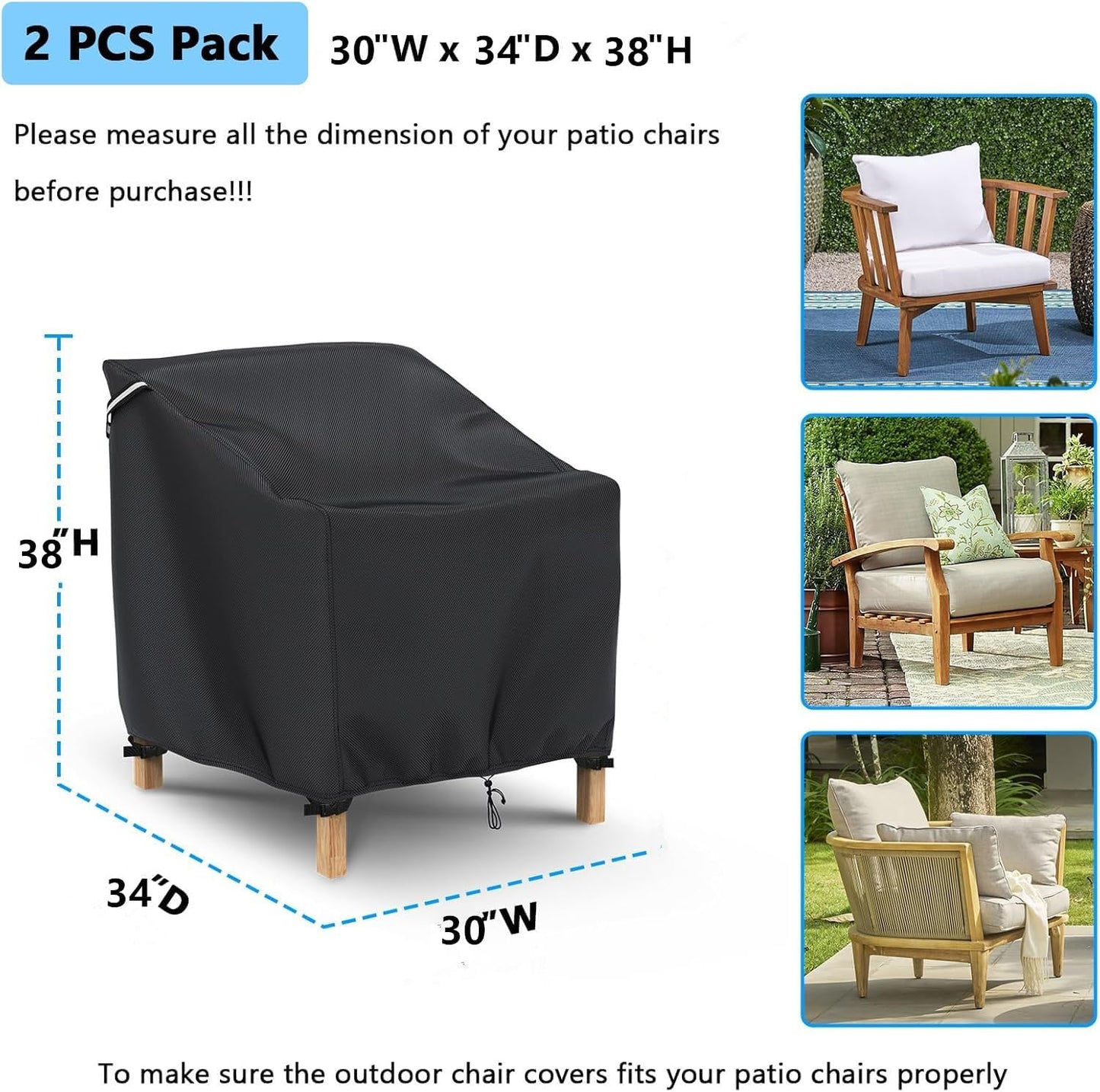Waterproof Patio Chair Covers – Heavy Duty, 2 Pack (30" x 34" x 38")