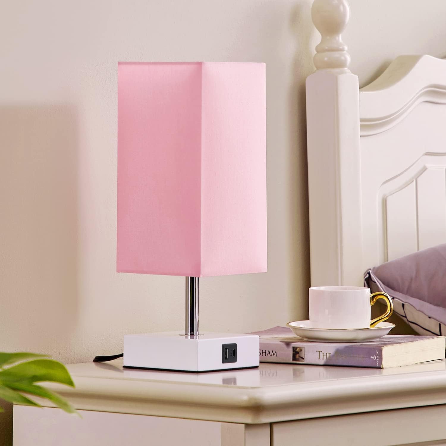 Pink Touch Table Lamp for Bedroom – 3-Way Dimmable, USB C+A, 3000K LED Included, Square Shade, Girls & Teen Room Decor