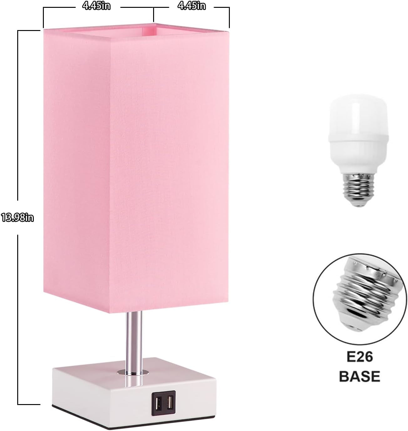 Pink Touch Table Lamp for Bedroom – 3-Way Dimmable, USB C+A, 3000K LED Included, Square Shade, Girls & Teen Room Decor