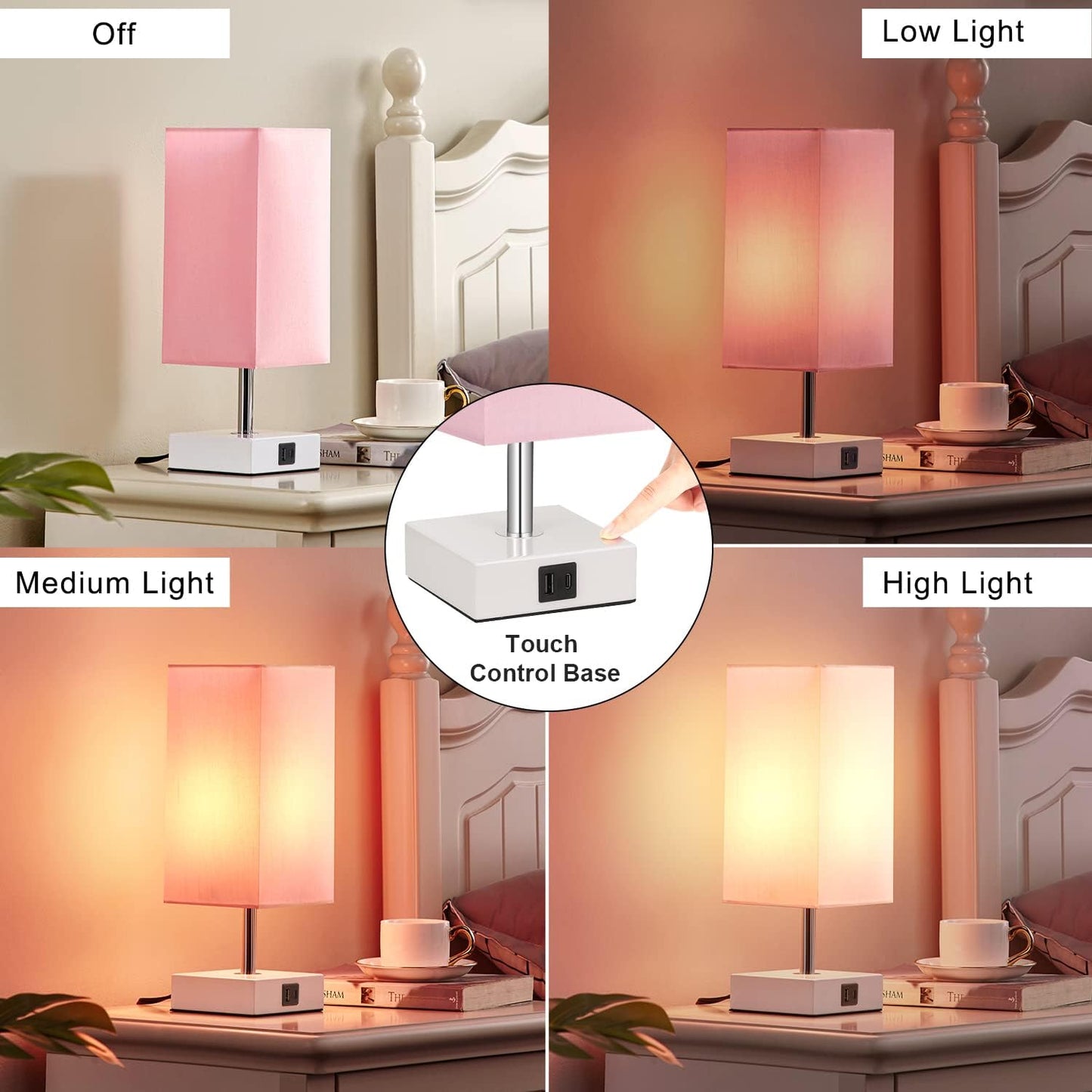 Pink Touch Table Lamp for Bedroom – 3-Way Dimmable, USB C+A, 3000K LED Included, Square Shade, Girls & Teen Room Decor