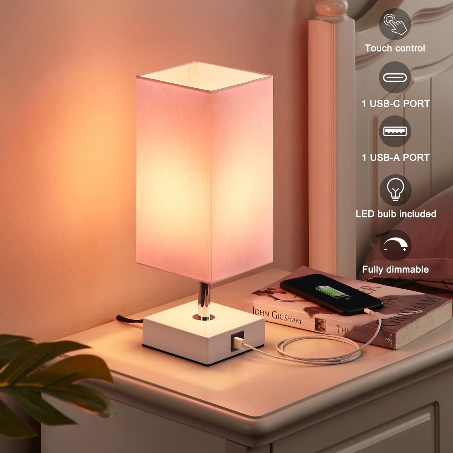 Pink Touch Table Lamp for Bedroom – 3-Way Dimmable, USB C+A, 3000K LED Included, Square Shade, Girls & Teen Room Decor