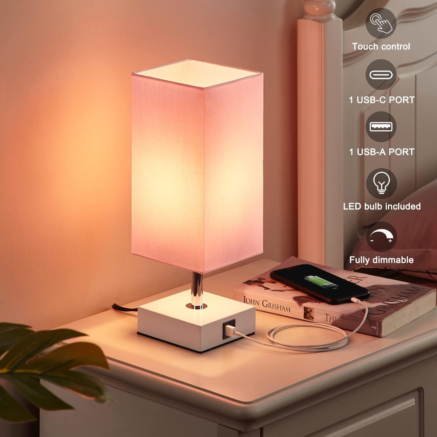 Pink Touch Table Lamp for Bedroom – 3-Way Dimmable, USB C+A, 3000K LED Included, Square Shade, Girls & Teen Room Decor