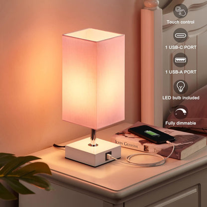Pink Touch Table Lamp for Bedroom – 3-Way Dimmable, USB C+A, 3000K LED Included, Square Shade, Girls & Teen Room Decor