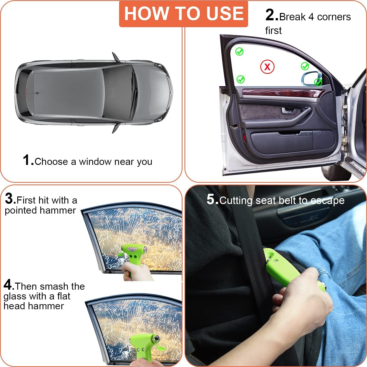 6-in-1 Glow-in-Dark Car Safety Hammer – Emergency Window Breaker & Seat Belt Cutter for Roadside Safety Kits