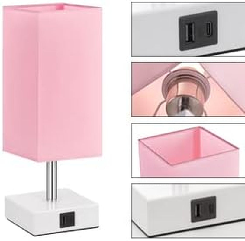 Pink Touch Table Lamp for Bedroom – 3-Way Dimmable, USB C+A, 3000K LED Included, Square Shade, Girls & Teen Room Decor