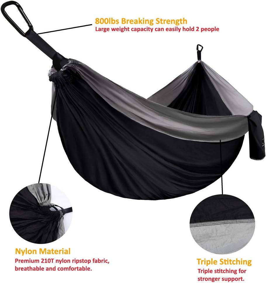 Portable Single Camping Hammock for Outdoor & Indoor Use, Adults & Kids – Black & Grey
