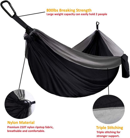 Portable Single Camping Hammock for Outdoor & Indoor Use, Adults & Kids – Black & Grey