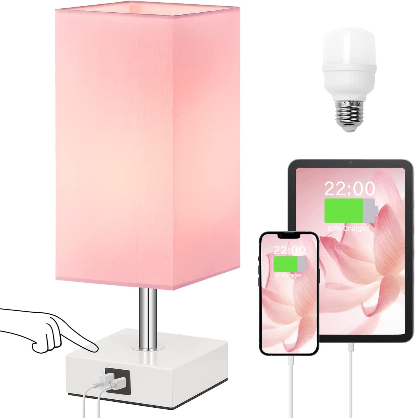 Pink Touch Table Lamp for Bedroom – 3-Way Dimmable, USB C+A, 3000K LED Included, Square Shade, Girls & Teen Room Decor