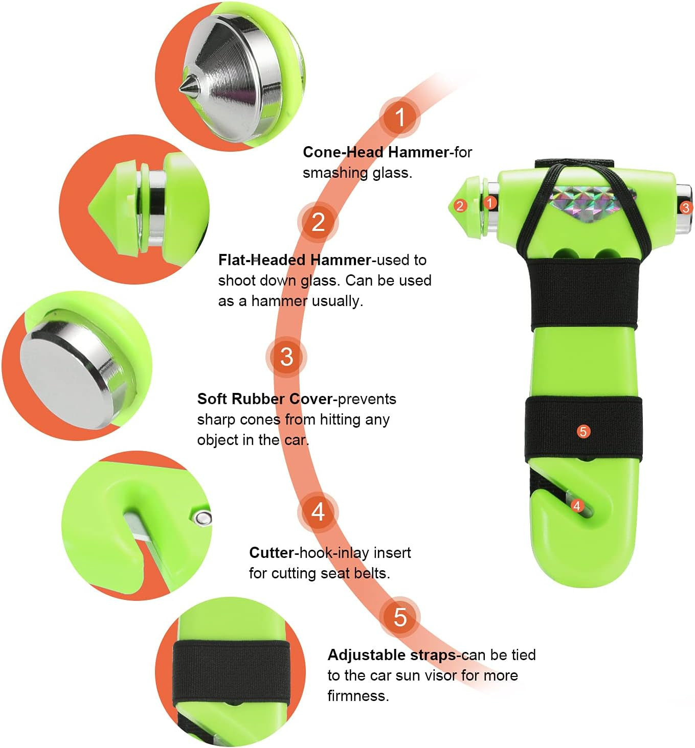 6-in-1 Glow-in-Dark Car Safety Hammer – Emergency Window Breaker & Seat Belt Cutter for Roadside Safety Kits